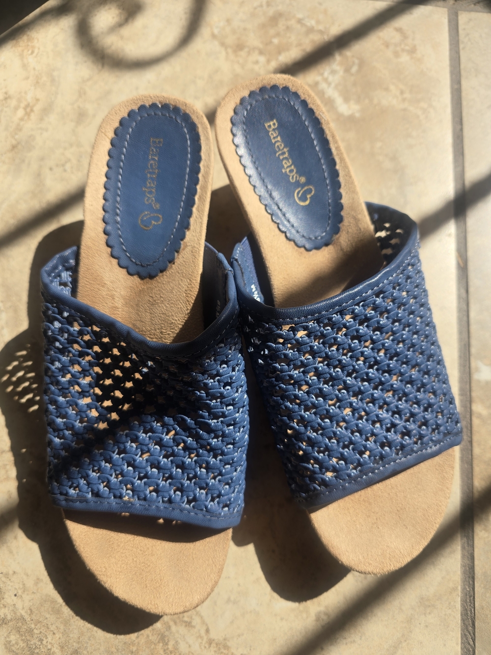 BareTraps Navy Woven Slide Sandals with Tan Footbed